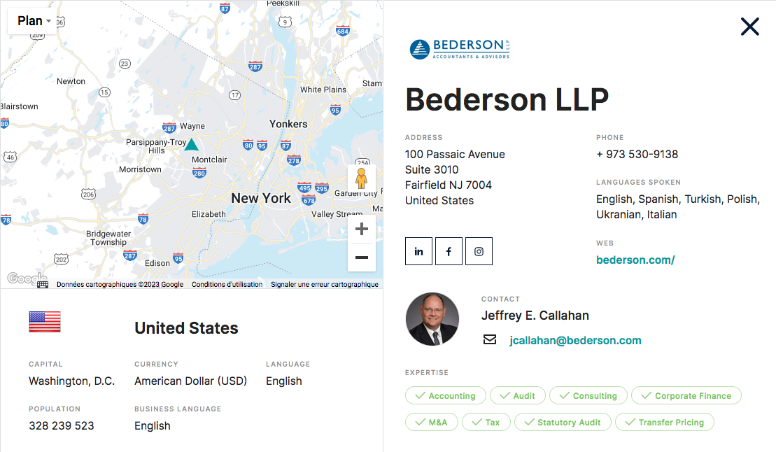Capture écran de la fiche du cabinet Bederson LLP